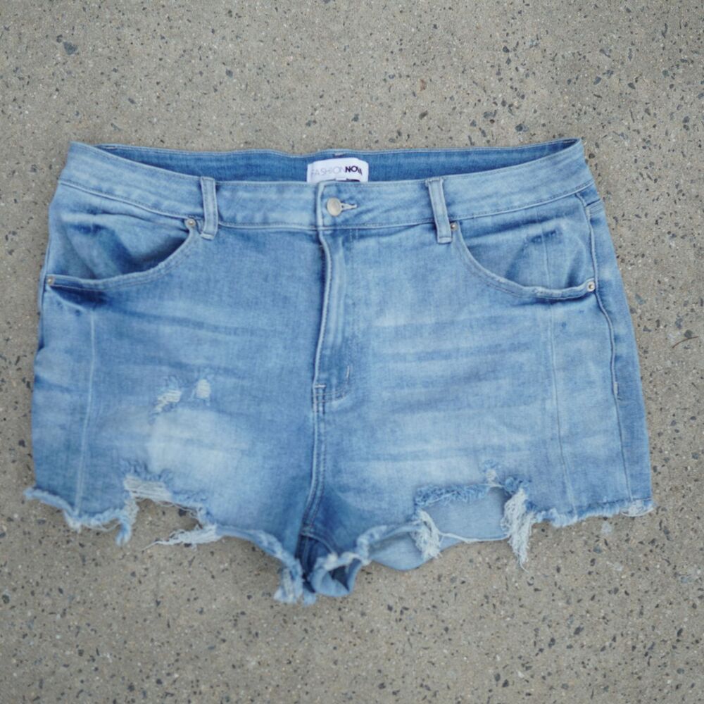 Fashion Nova Distressed Denim Shorts Size 18 Blue Jean Cutoff Stretch Festival